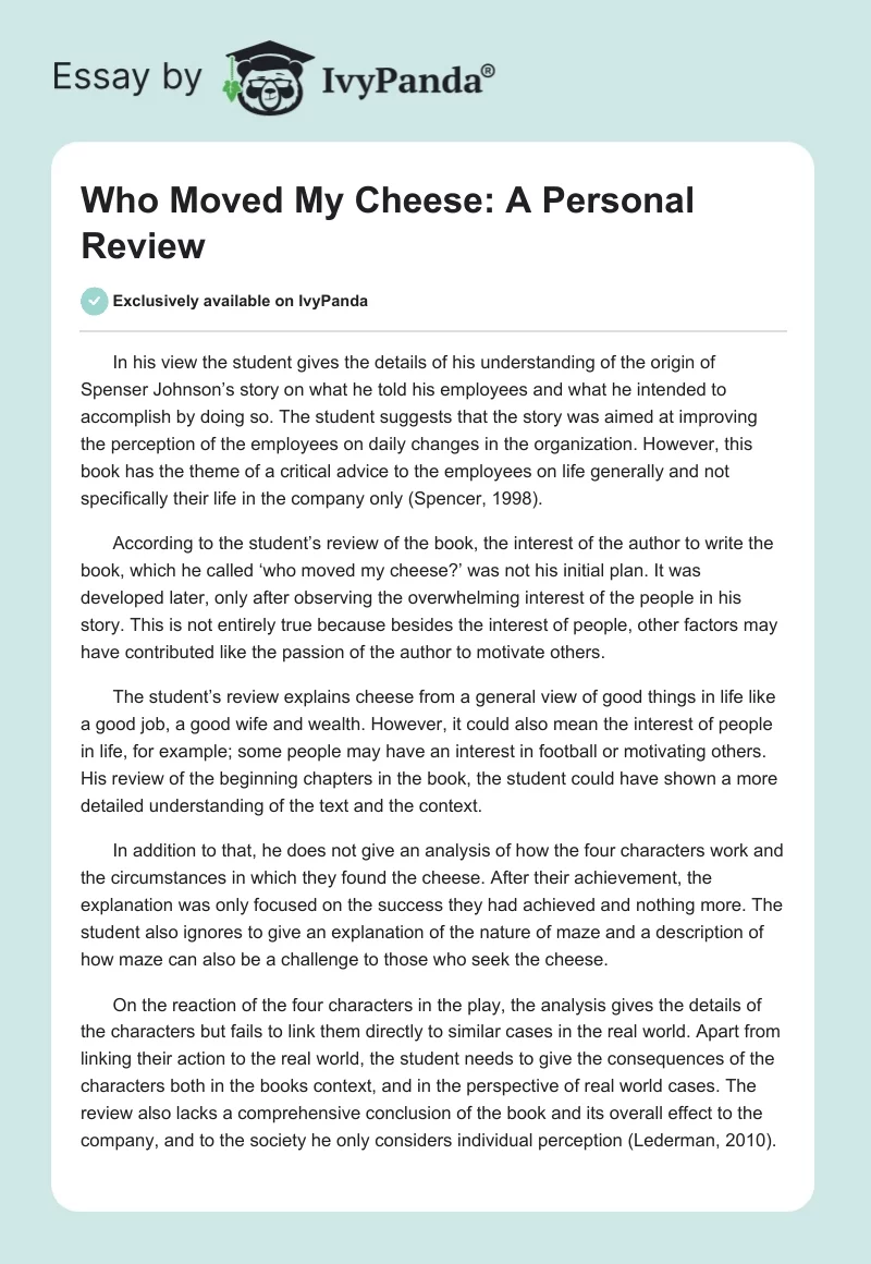 Who Moved My Cheese: A Personal Review. Page 1