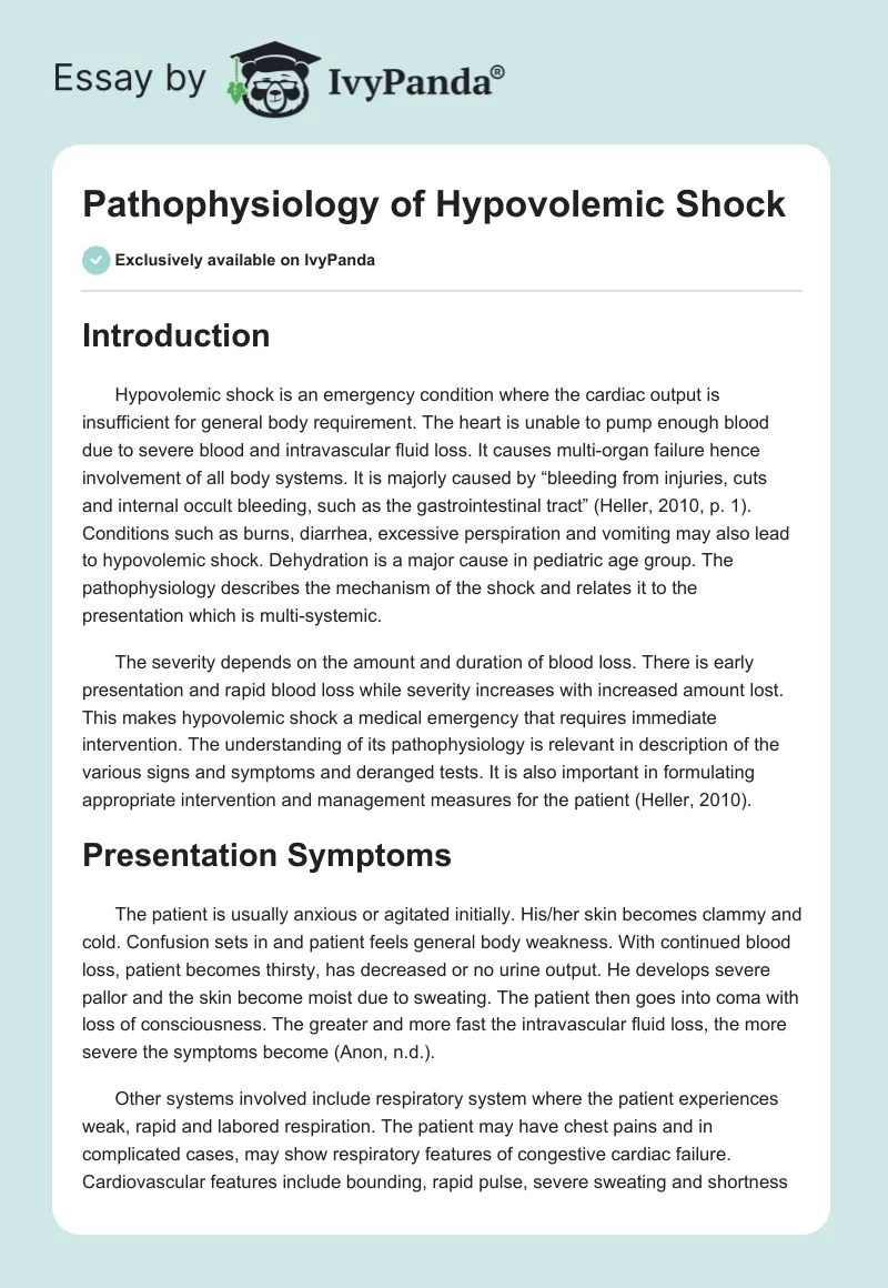 Pathophysiology of Hypovolemic Shock. Page 1