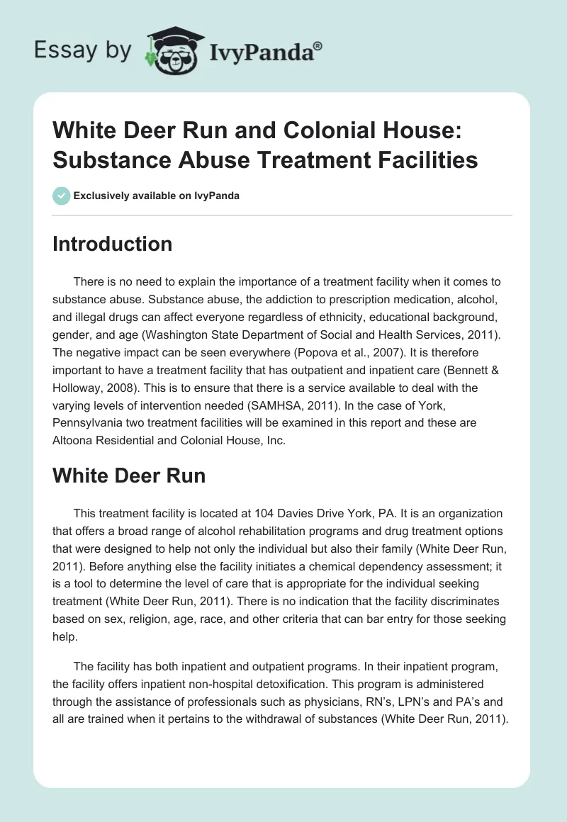White Deer Run and Colonial House: Substance Abuse Treatment Facilities. Page 1