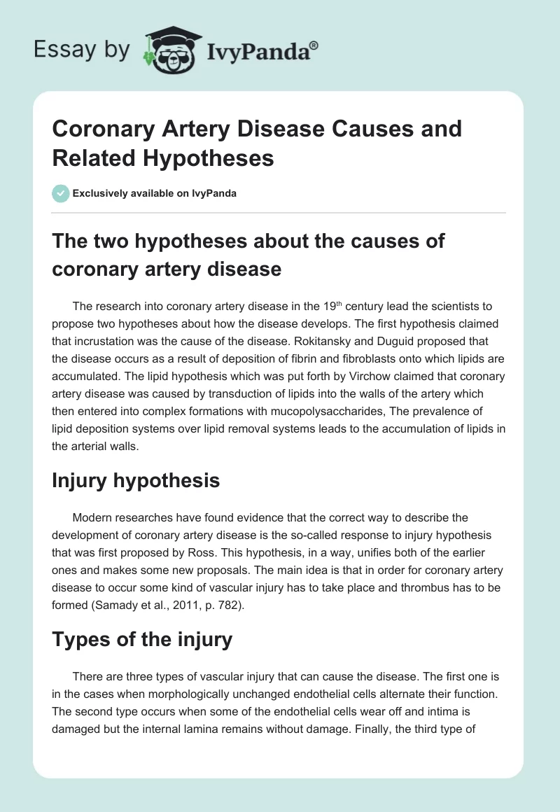 Coronary Artery Disease Causes and Related Hypotheses. Page 1