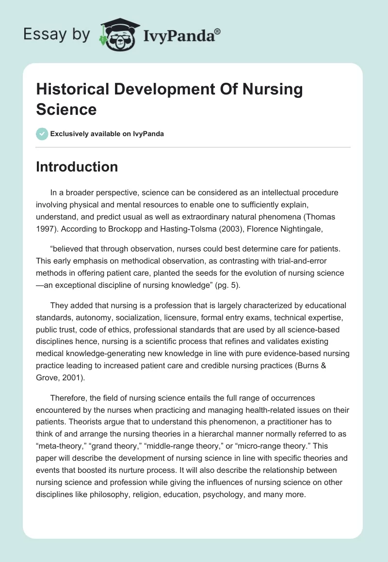 Historical Development Of Nursing Science. Page 1