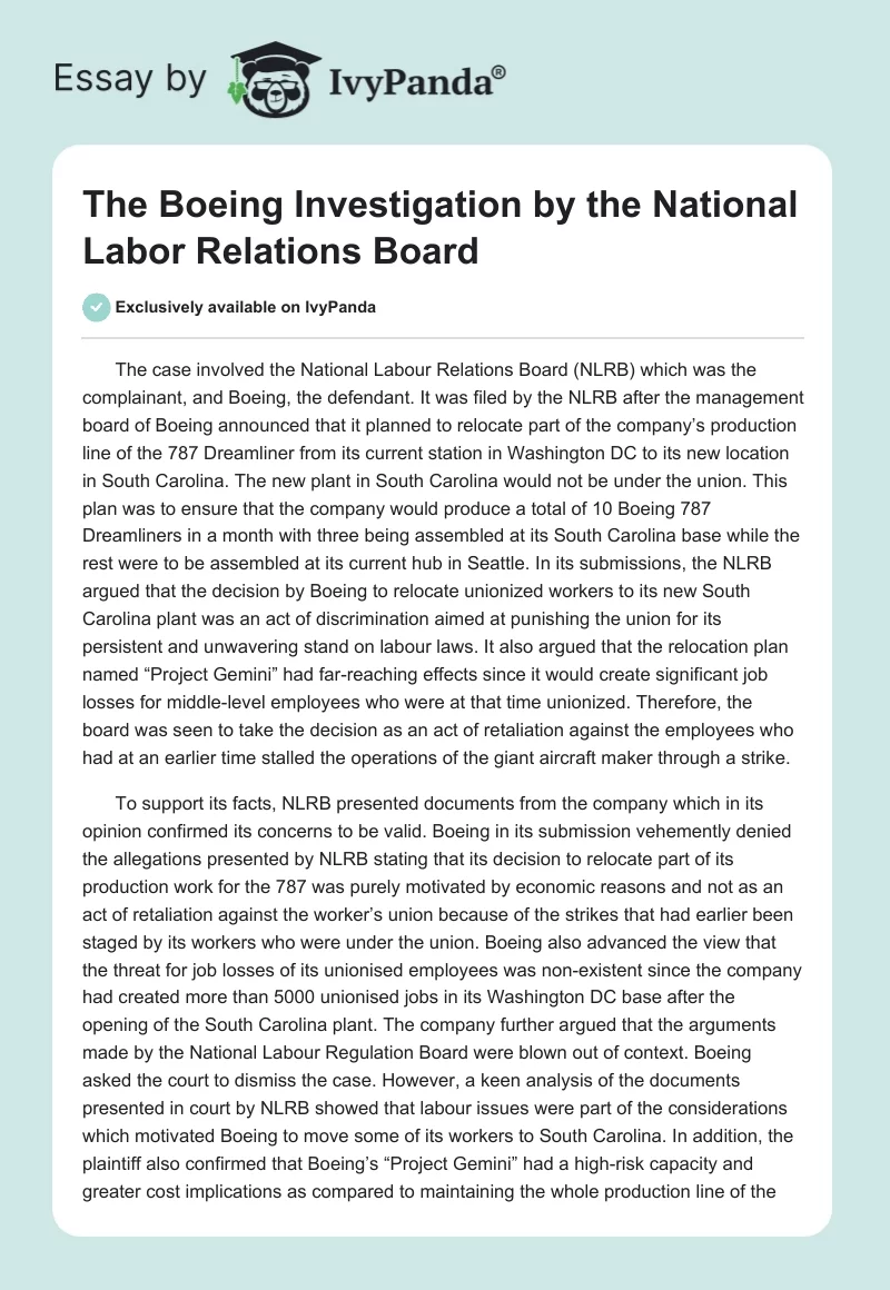 The Boeing Investigation by the National Labor Relations Board. Page 1