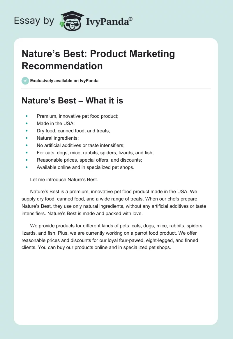 Nature’s Best: Product Marketing Recommendation. Page 1