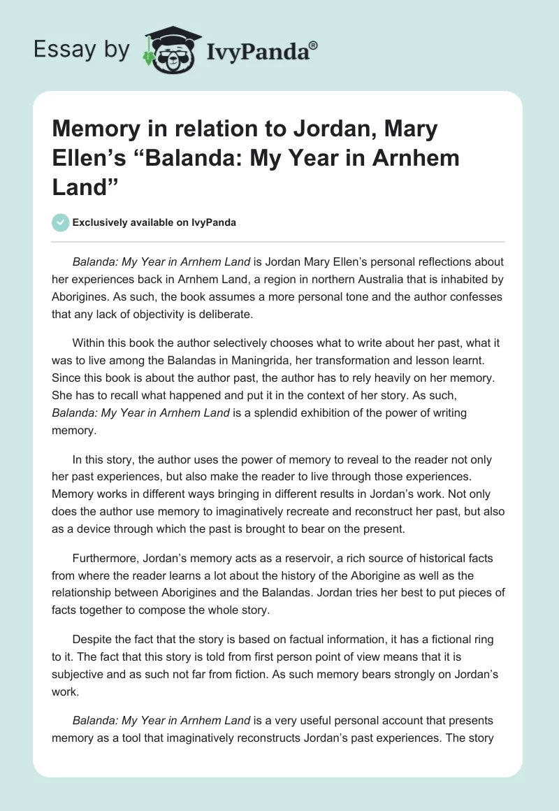 "Memory" in relation to Jordan, Mary Ellen’s “Balanda: My Year in Arnhem Land”. Page 1