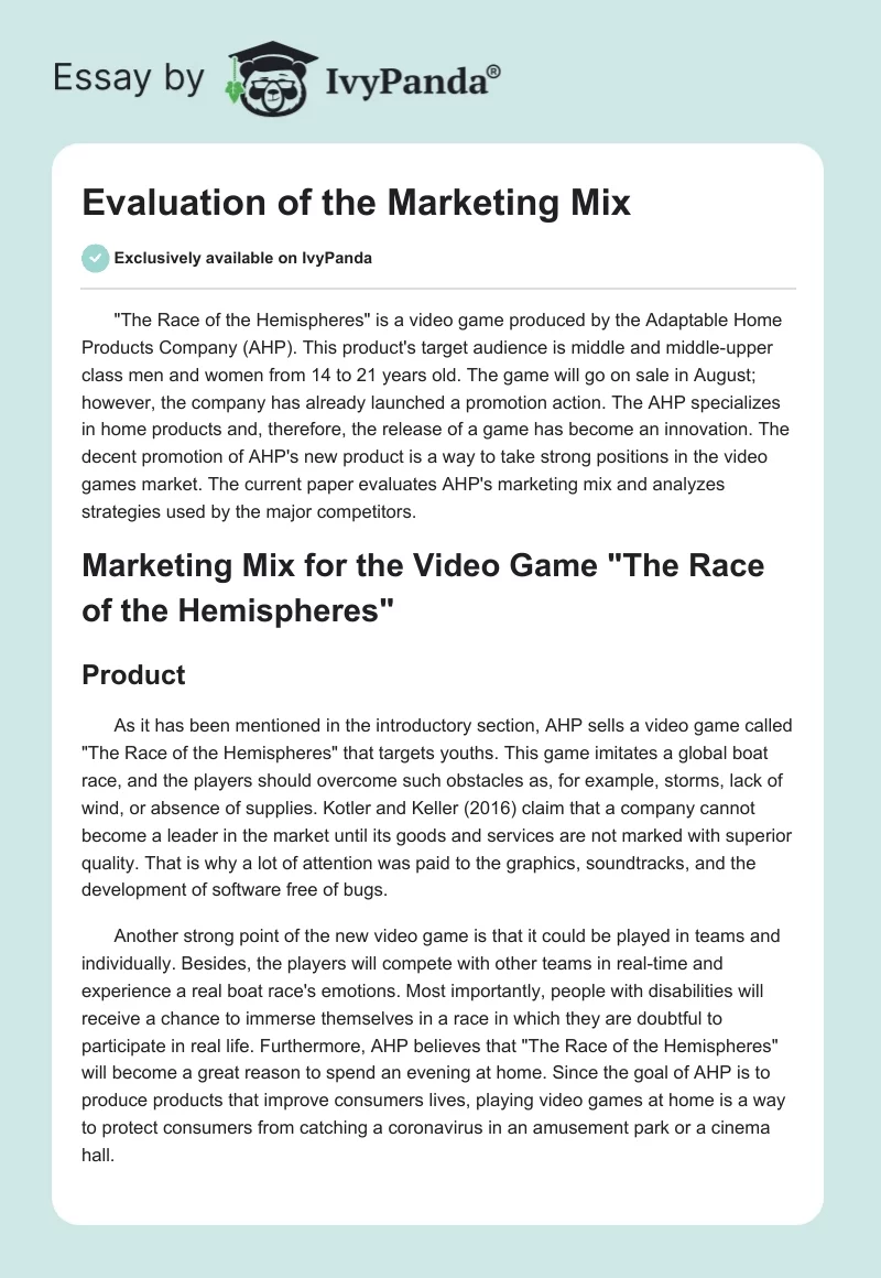 Evaluation of the Marketing Mix. Page 1