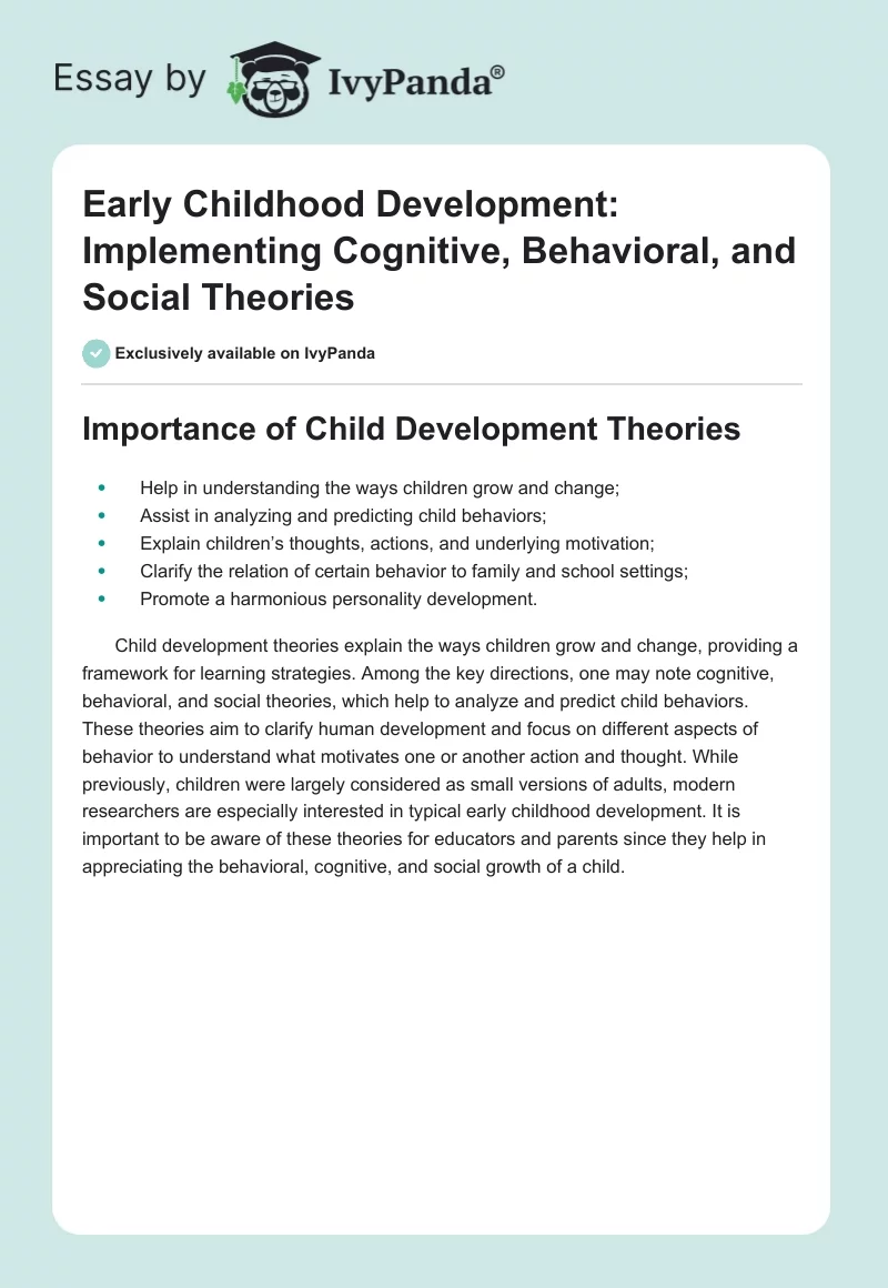 Early Childhood Development: Implementing Cognitive, Behavioral, and Social Theories. Page 1