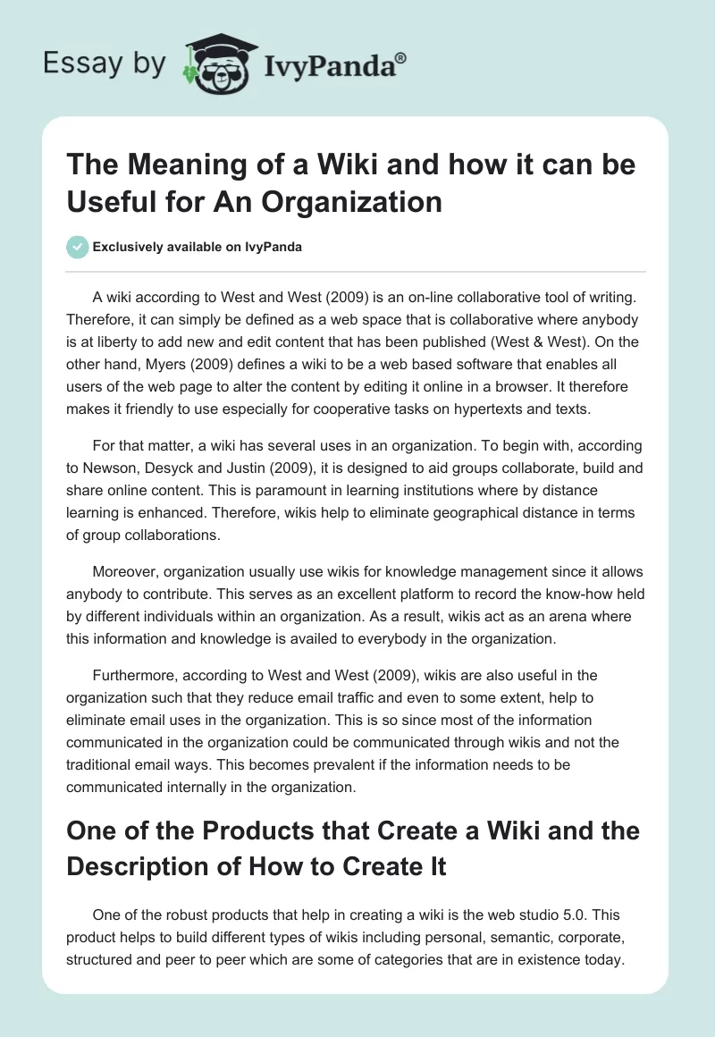 The Meaning of a Wiki and how it can be Useful for An Organization. Page 1