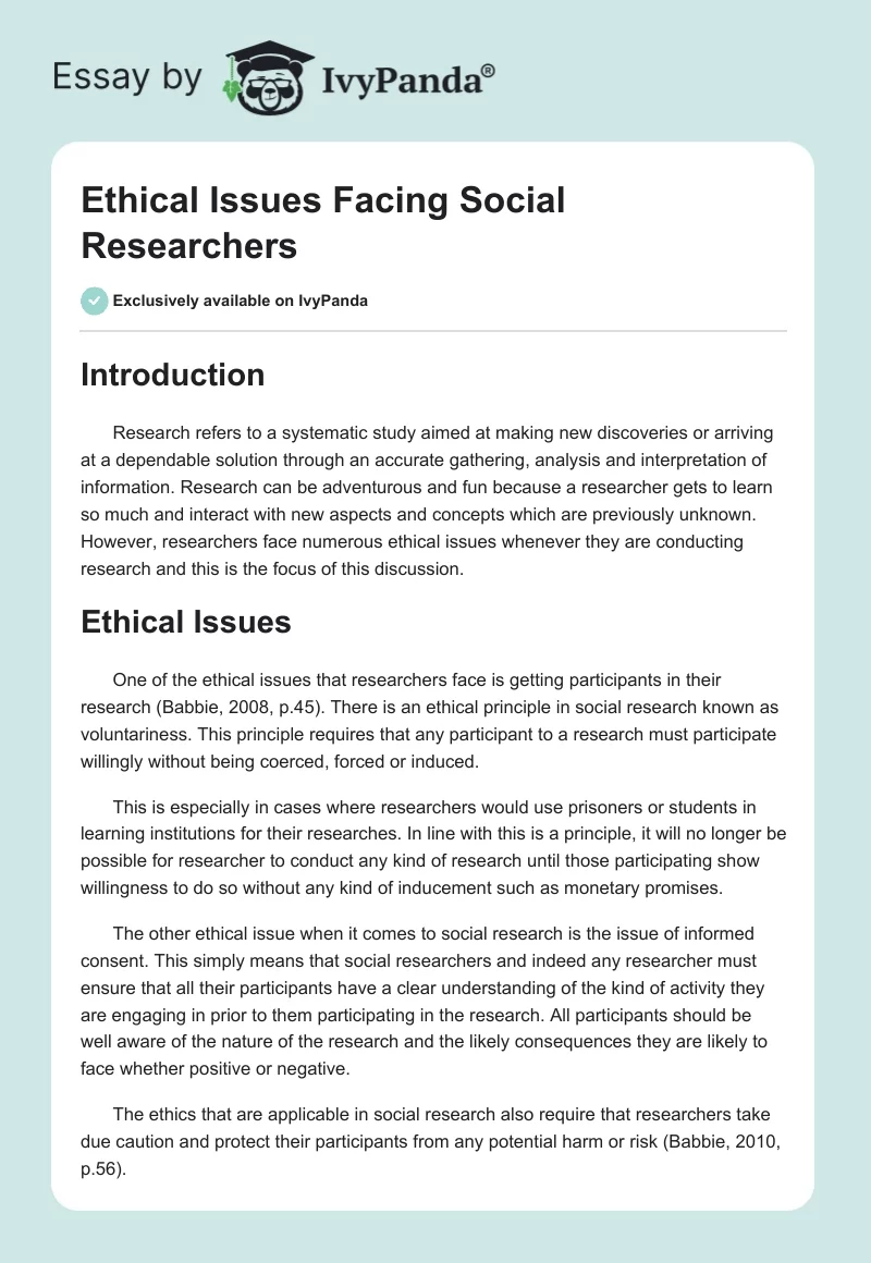 Ethical Issues Facing Social Researchers. Page 1