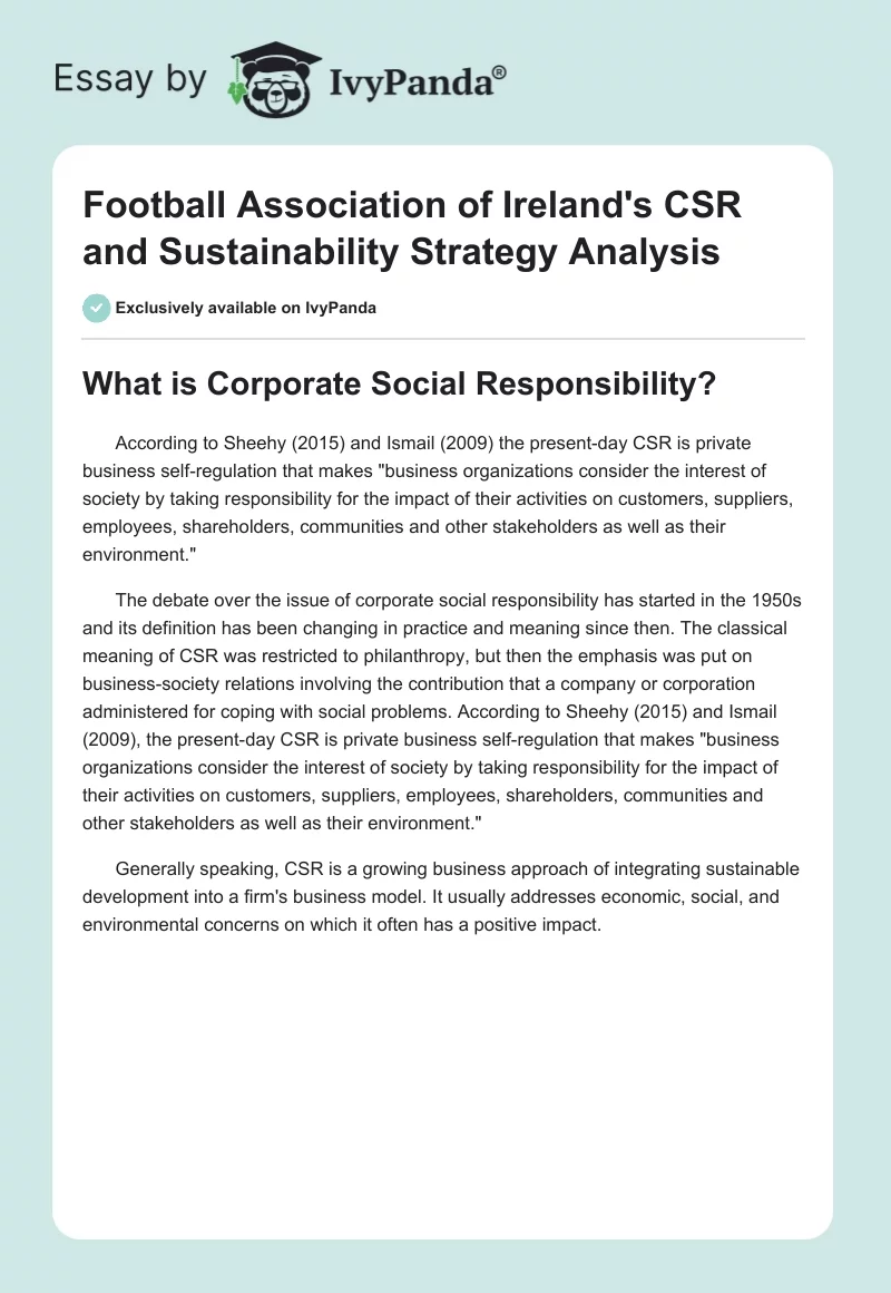 Football Association of Ireland's CSR and Sustainability Strategy Analysis. Page 1