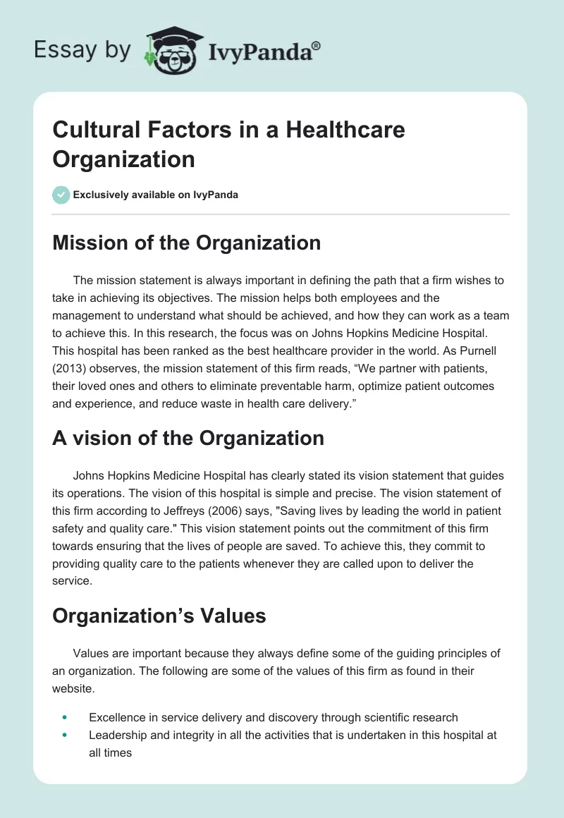 Cultural Factors in a Healthcare Organization. Page 1