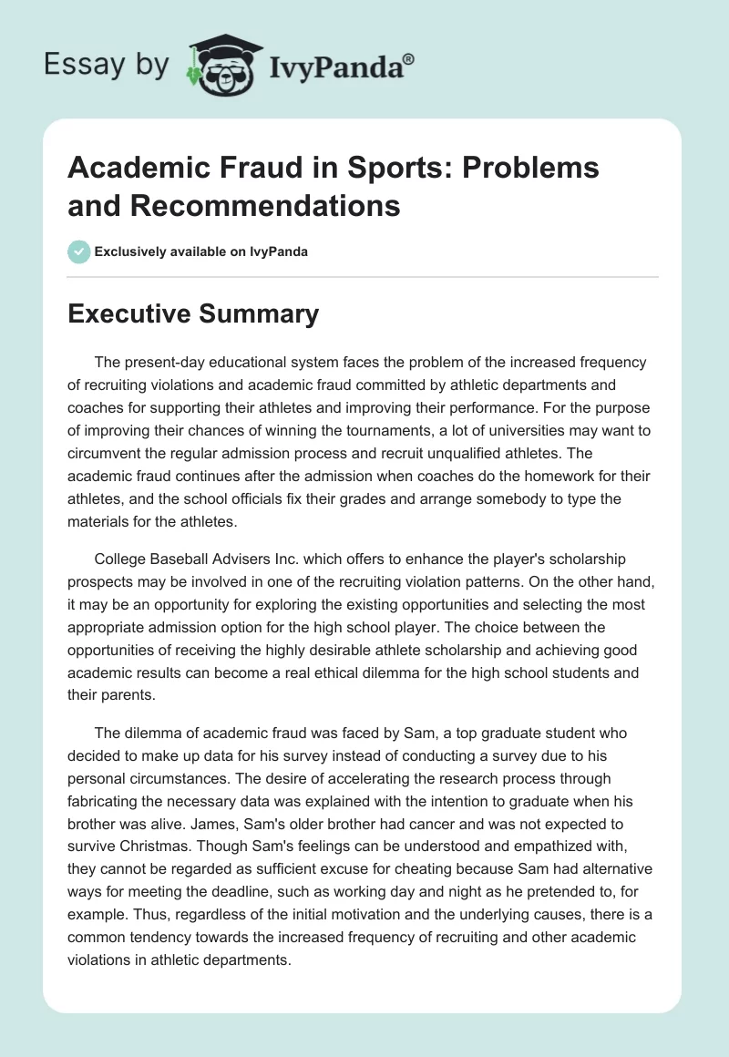 Academic Fraud in Sports: Problems and Recommendations. Page 1