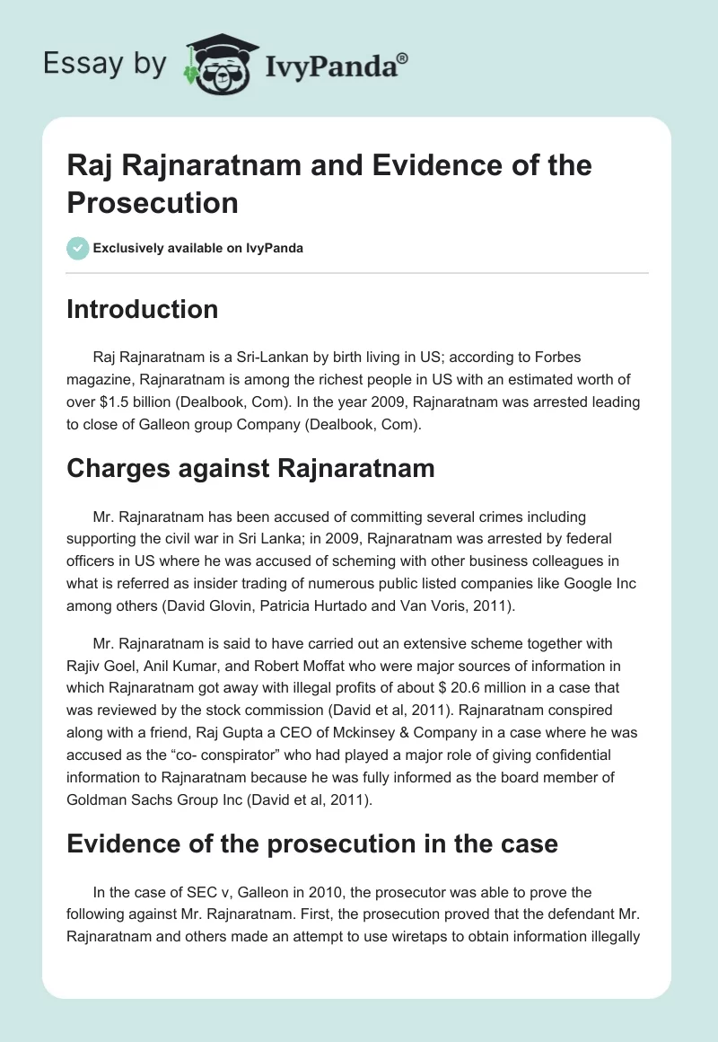 Raj Rajnaratnam and Evidence of the Prosecution. Page 1