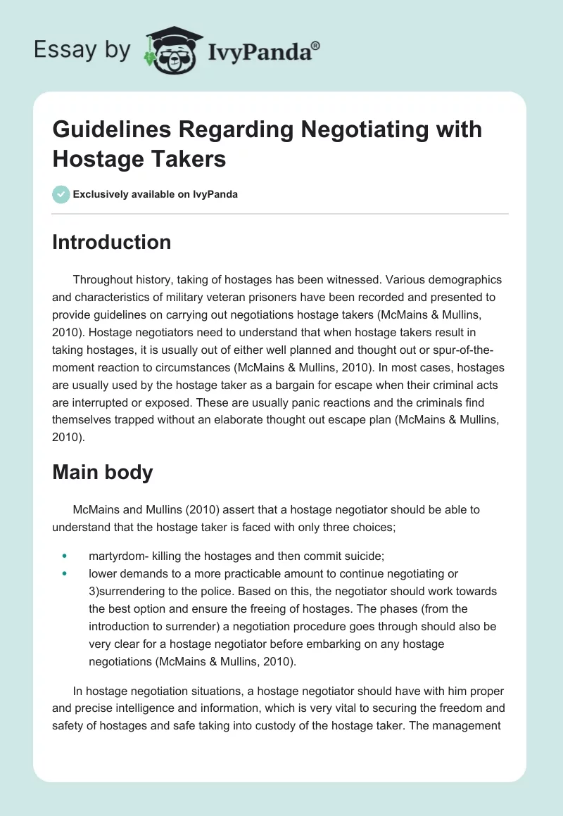 Guidelines Regarding Negotiating with Hostage Takers. Page 1