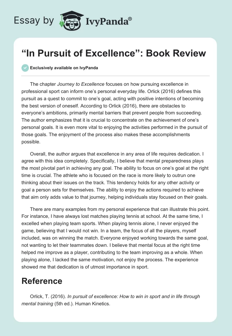“In Pursuit of Excellence”: Book Review. Page 1
