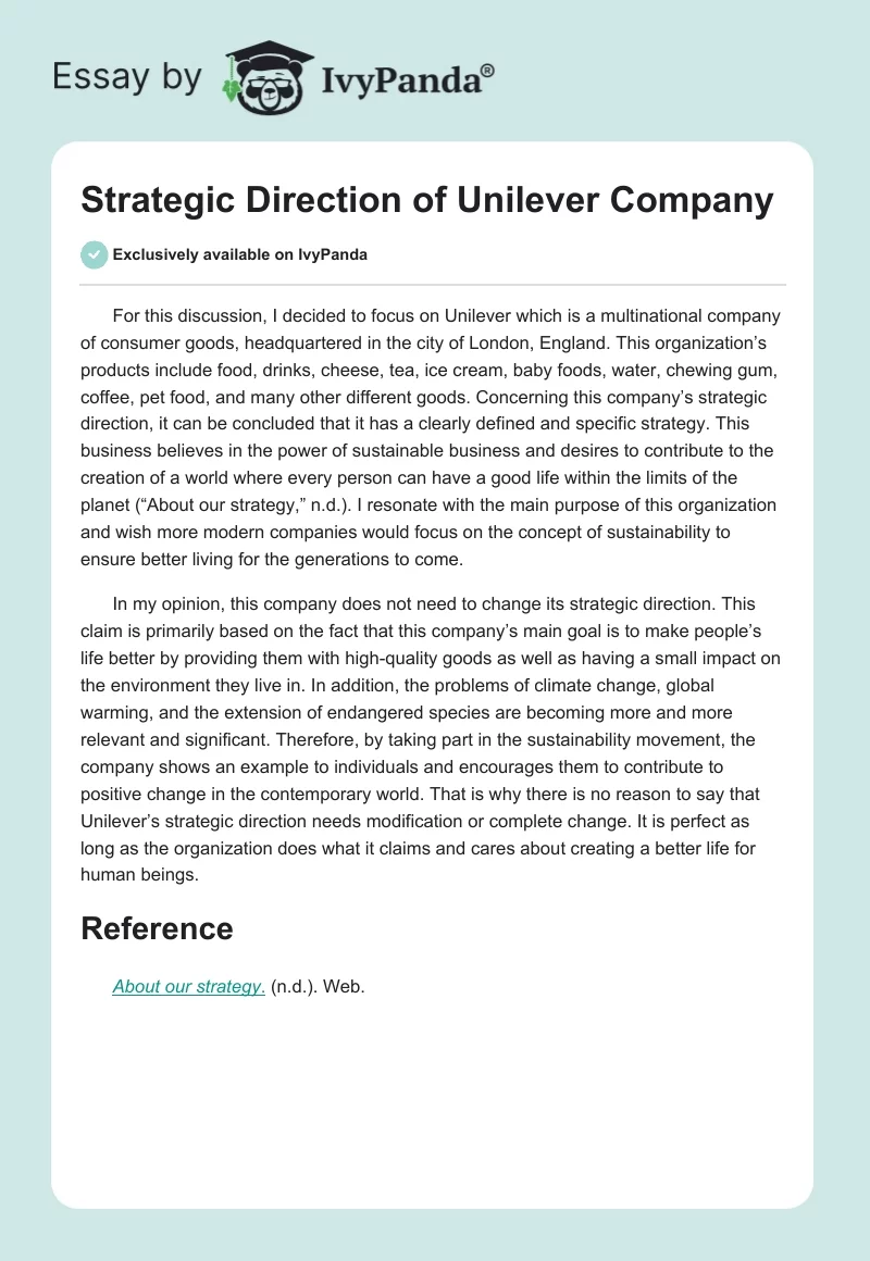 Strategic Direction of Unilever Company. Page 1