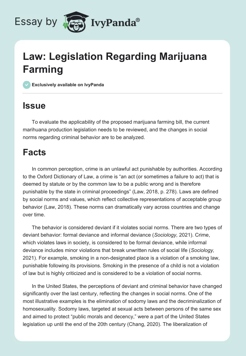 Law: Legislation Regarding Marijuana Farming. Page 1