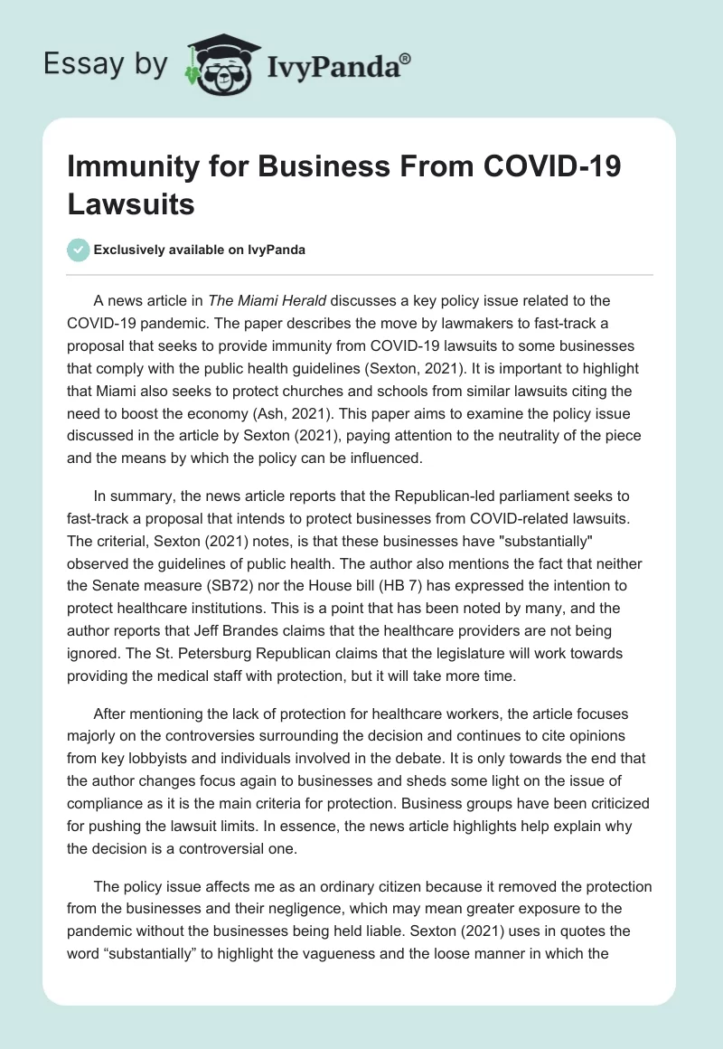 Immunity for Business From COVID-19 Lawsuits. Page 1