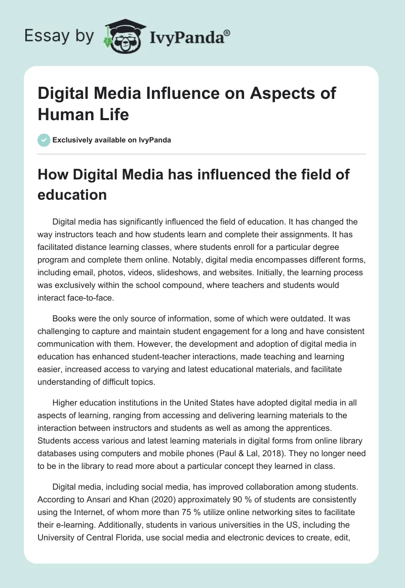 Digital Media Influence on Aspects of Human Life. Page 1