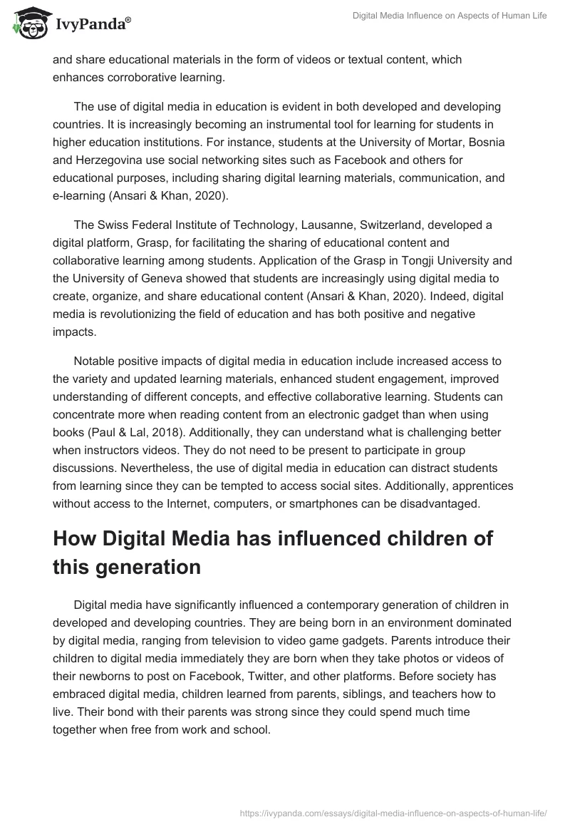 Digital Media Influence on Aspects of Human Life. Page 2