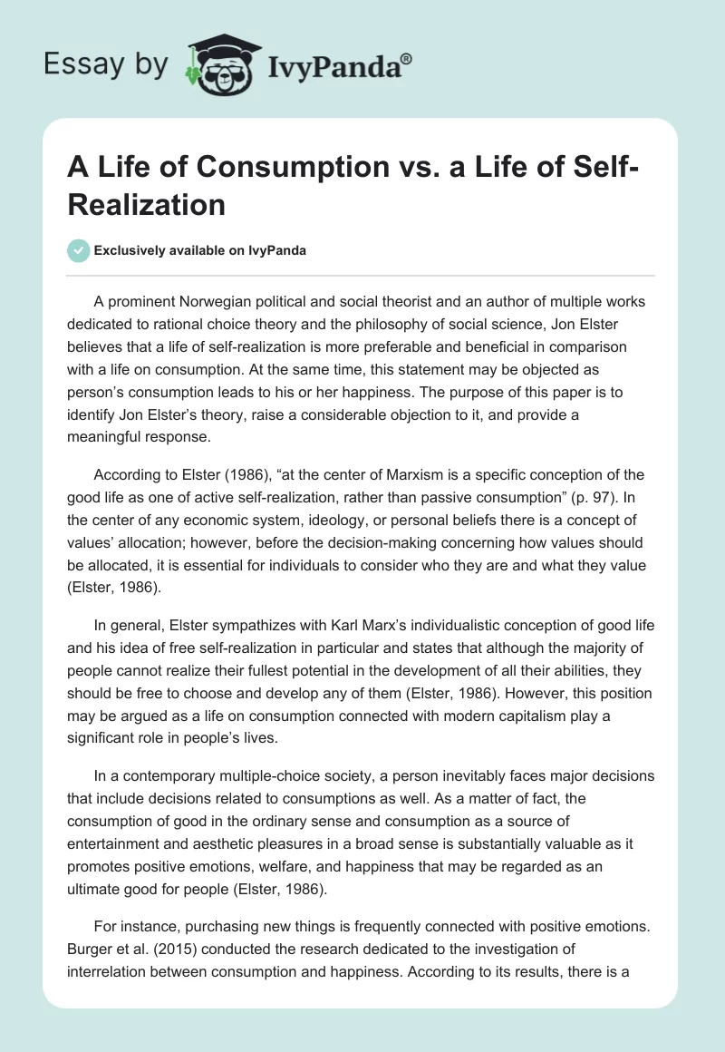 A Life of Consumption vs. a Life of Self-Realization. Page 1