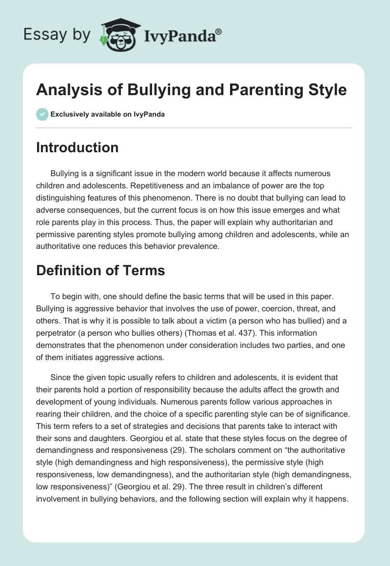 Analysis of Bullying and Parenting Style. Page 1