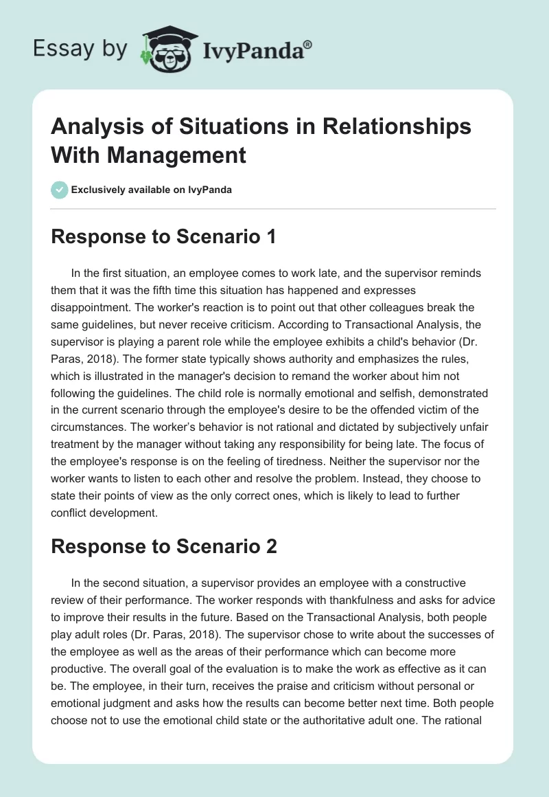 Analysis of Situations in Relationships With Management. Page 1