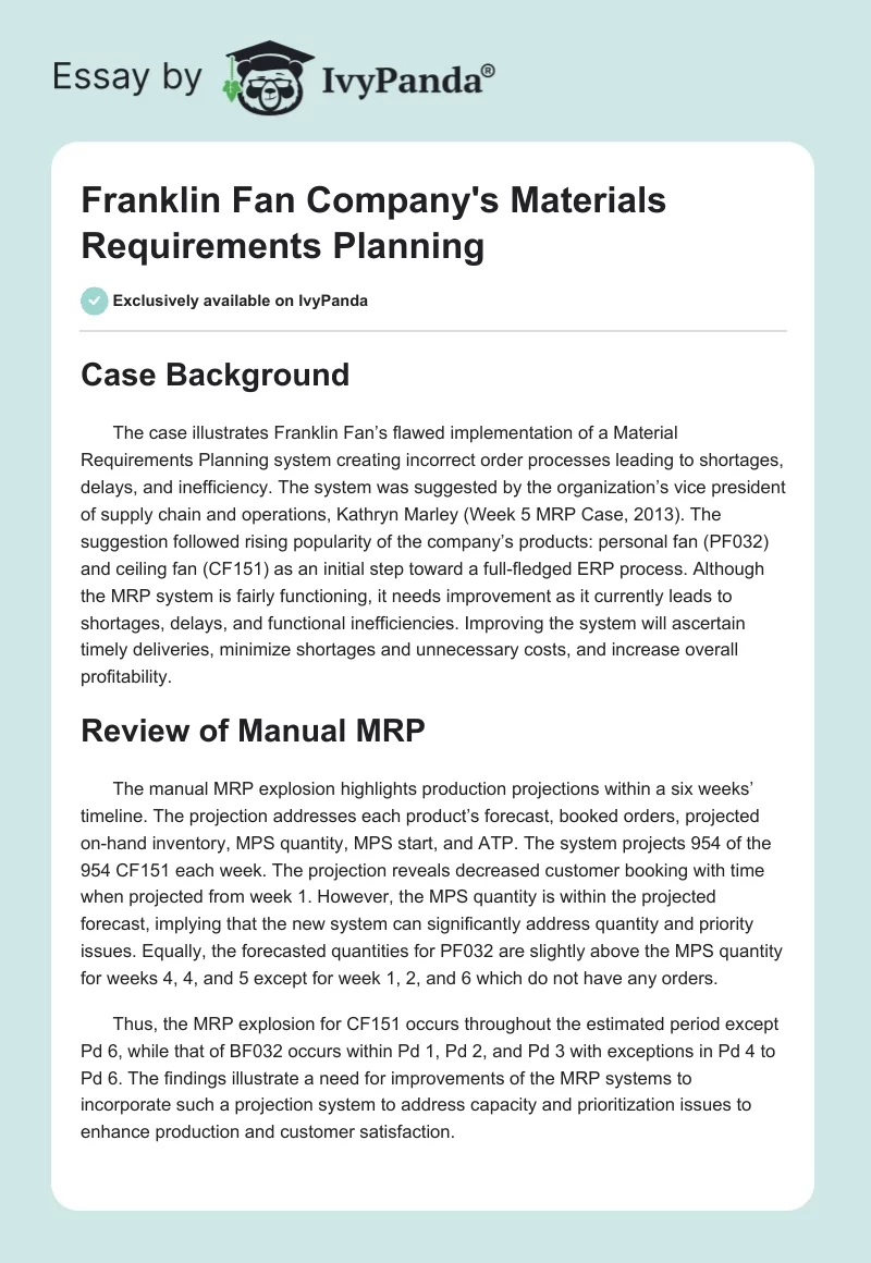Franklin Fan Company's Materials Requirements Planning. Page 1
