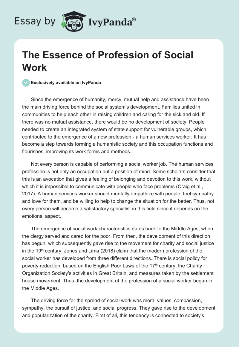 The Essence of Profession of Social Work. Page 1