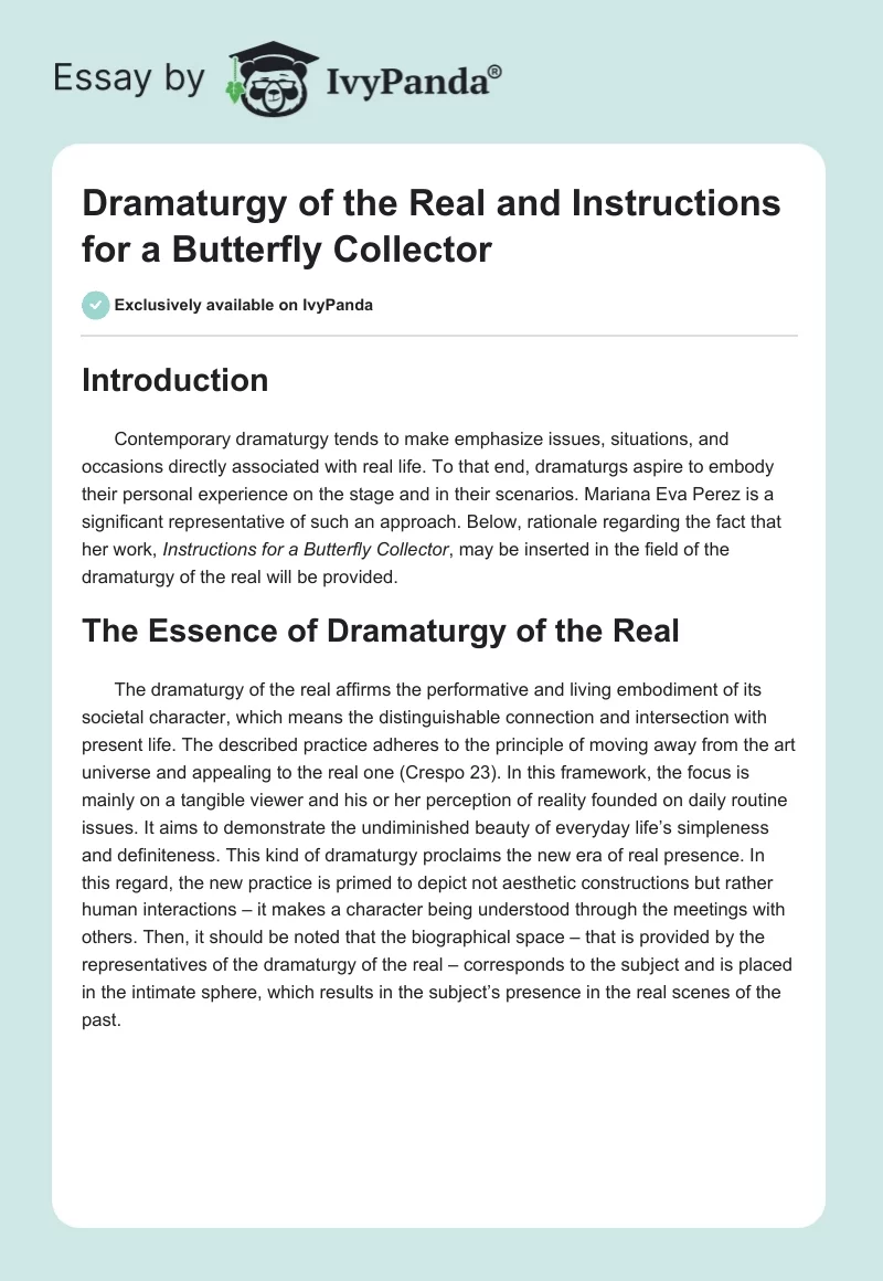 The Dramaturgy of the Real in Perez’s ‘Instructions for a Butterfly Collector’. Page 1