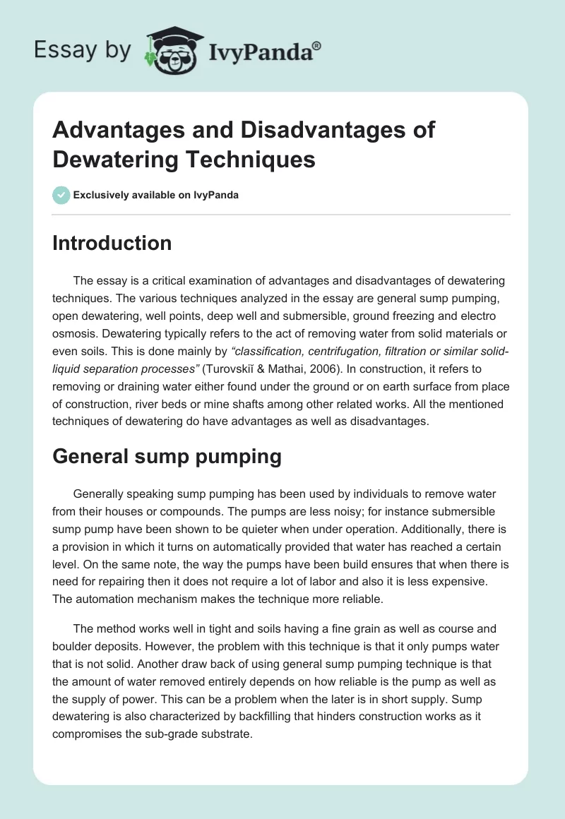 Advantages and Disadvantages of Dewatering Techniques. Page 1