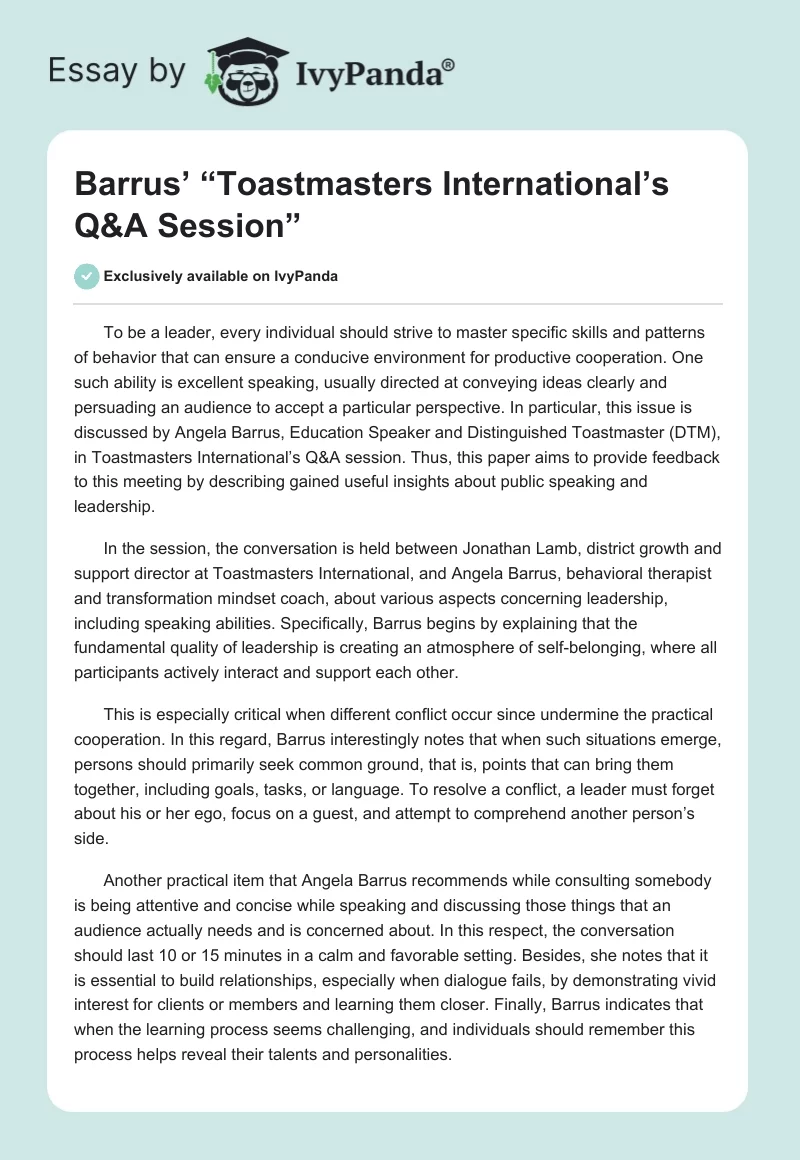 Barrus’ “Toastmasters International’s Q&A Session”. Page 1