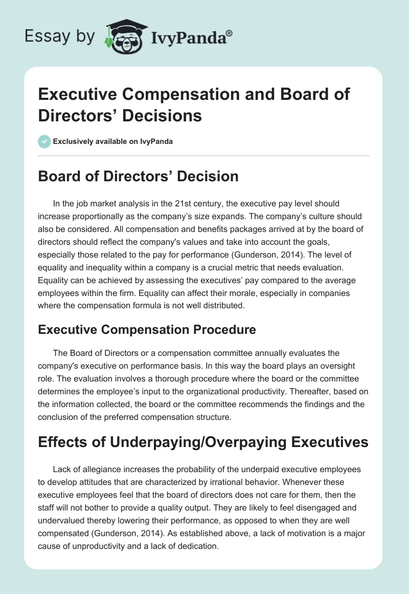 Executive Compensation and Board of Directors’ Decisions. Page 1