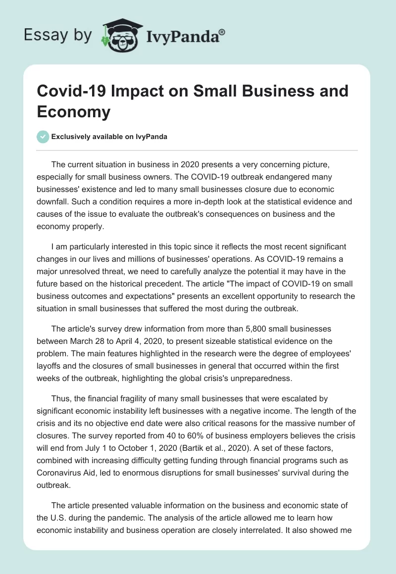 Covid-19 Impact on Small Business and Economy. Page 1