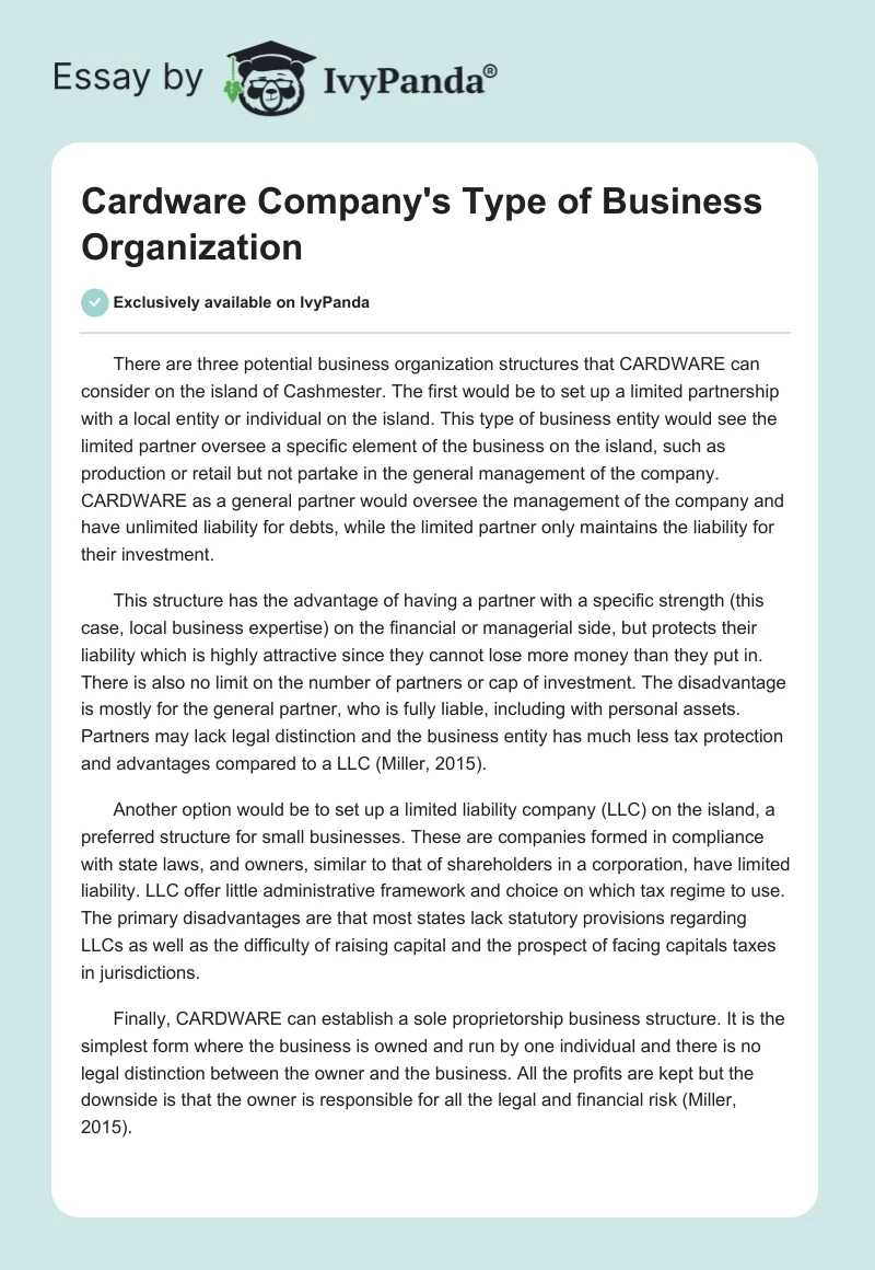 Cardware Company's Type of Business Organization. Page 1
