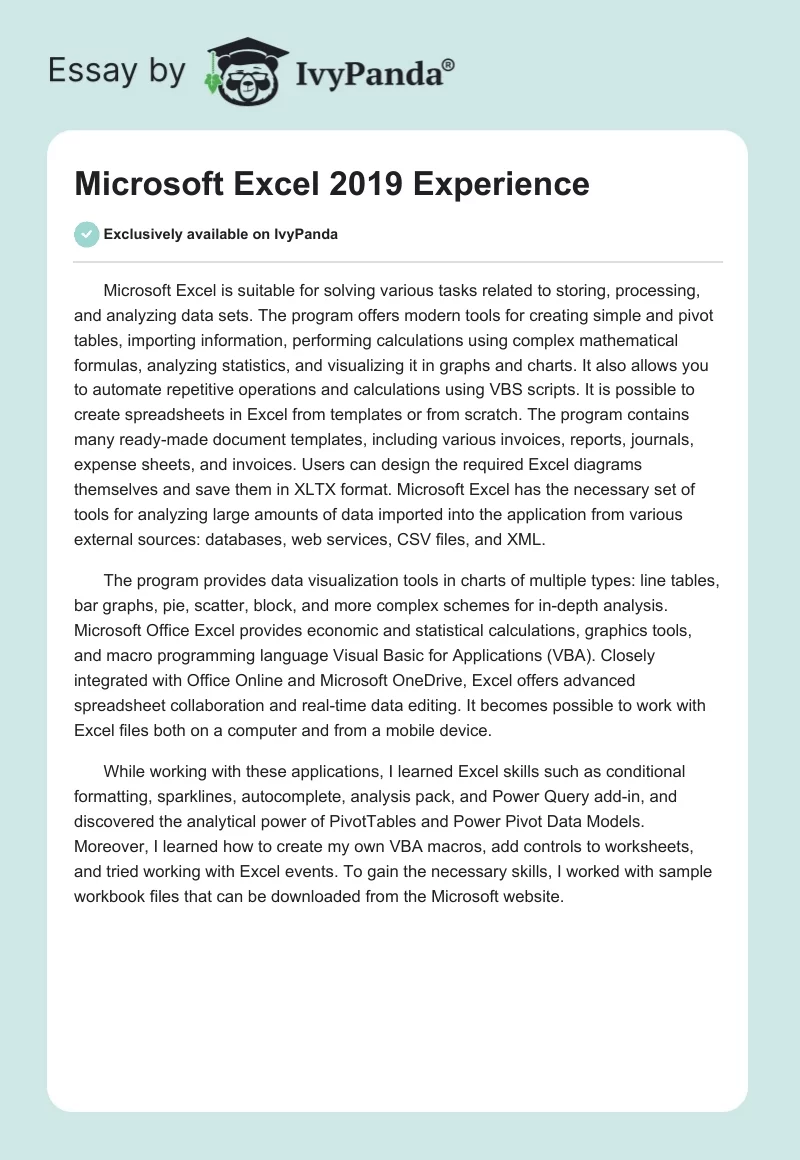 Microsoft Excel 2019 Experience. Page 1