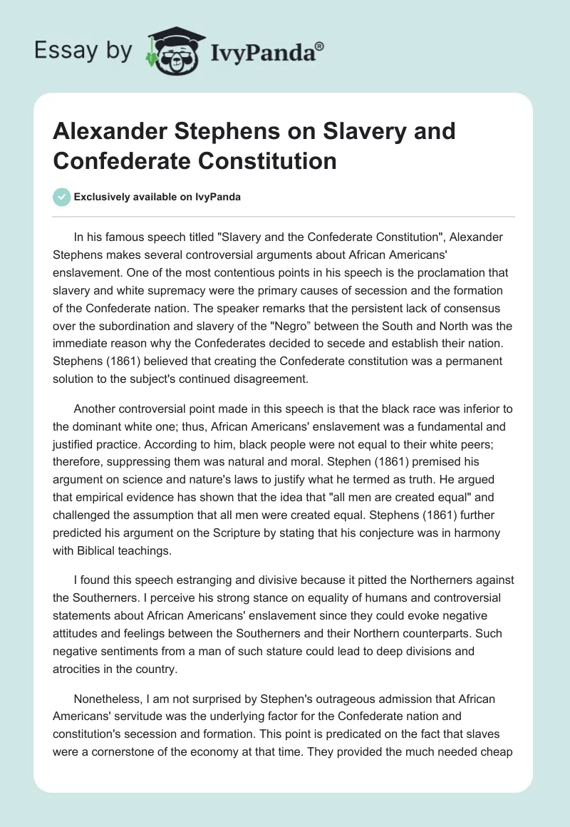 Alexander Stephens on Slavery and Confederate Constitution. Page 1