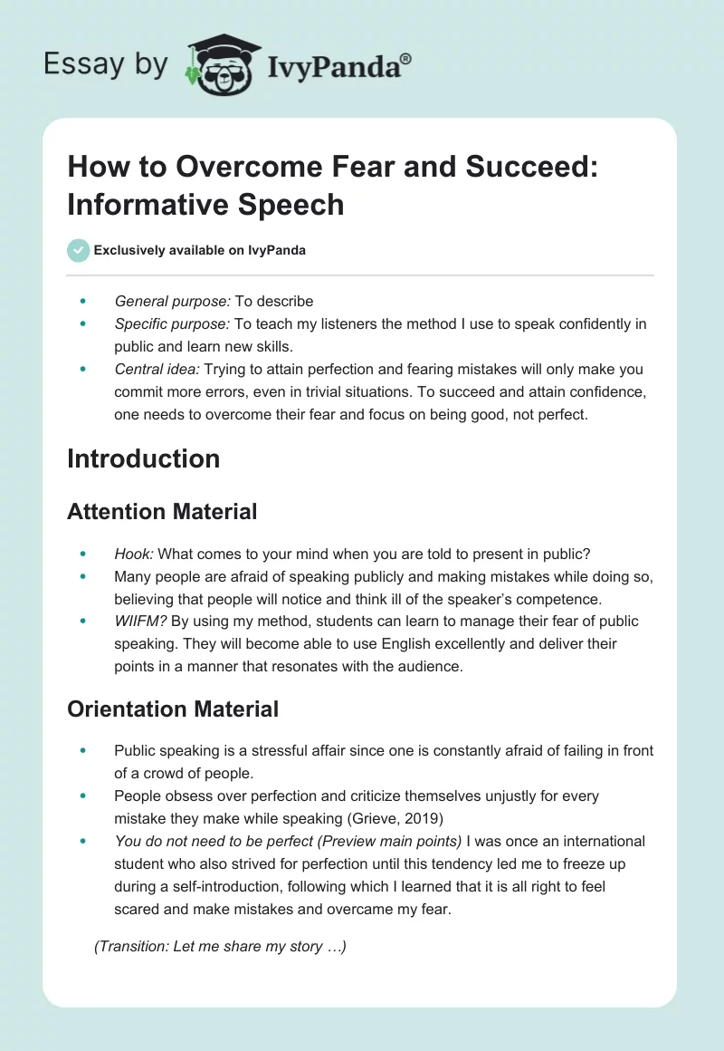 How to Overcome Fear and Succeed: Informative Speech. Page 1