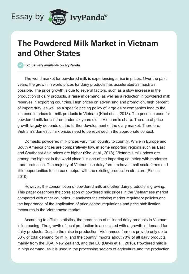 The Powdered Milk Market in Vietnam and Other States. Page 1