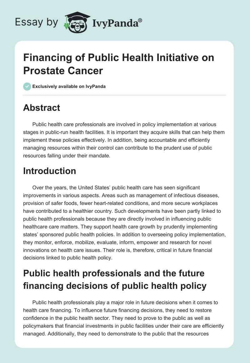 Financing of Public Health Initiative on Prostate Cancer. Page 1