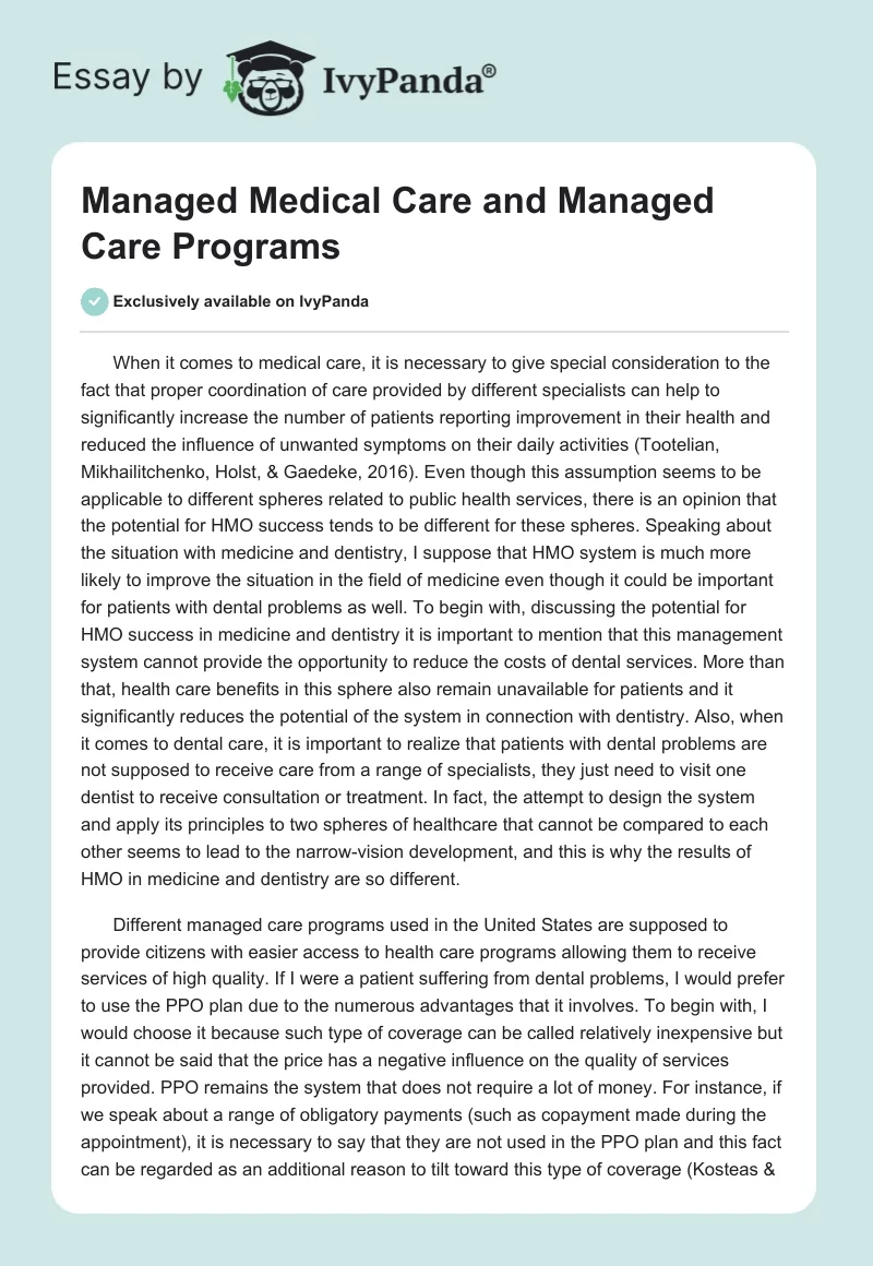 Managed Medical Care and Managed Care Programs. Page 1