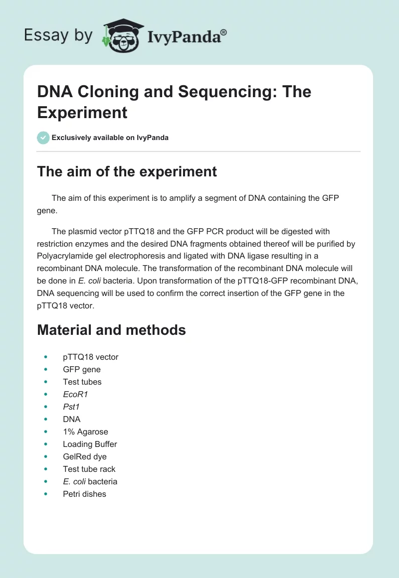 DNA Cloning and Sequencing: The Experiment. Page 1