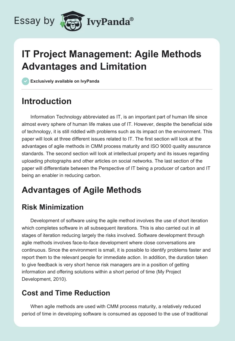 IT Project Management: Agile Methods Advantages and Limitation. Page 1