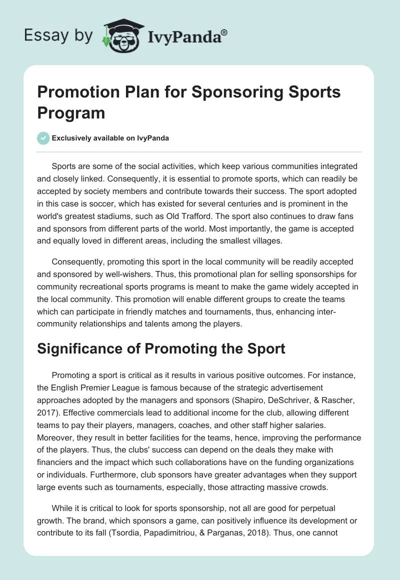 Promotion Plan for Sponsoring Sports Program. Page 1