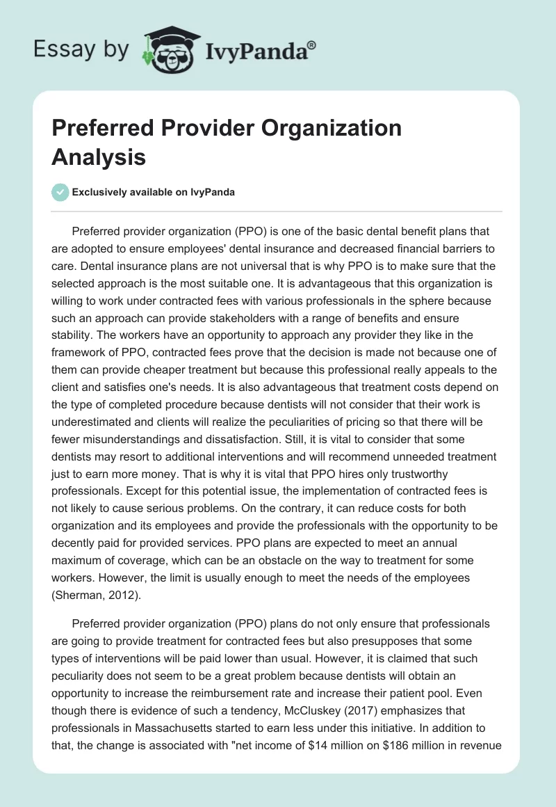 Preferred Provider Organization Analysis. Page 1