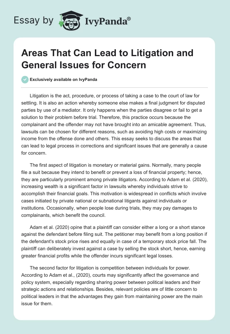 Areas That Can Lead to Litigation and General Issues for Concern. Page 1
