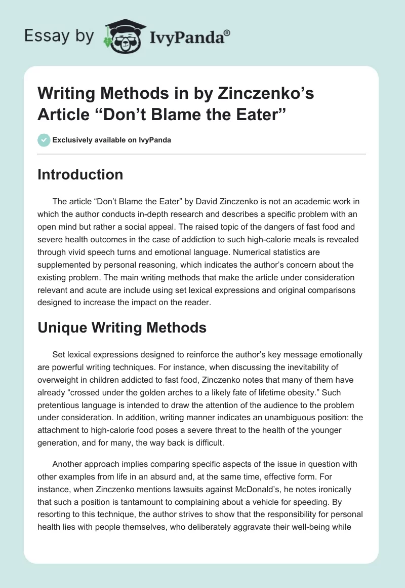 Writing Methods in by Zinczenko’s Article “Don’t Blame the Eater”. Page 1