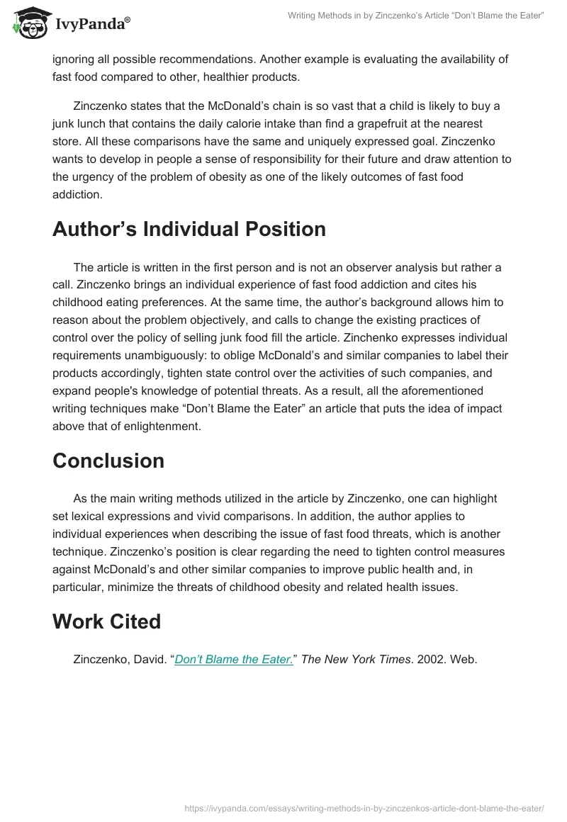 Writing Methods in by Zinczenko’s Article “Don’t Blame the Eater”. Page 2