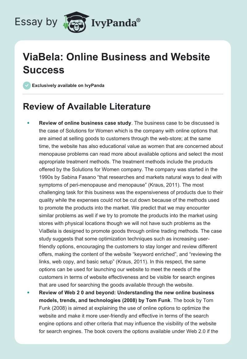 ViaBela: Online Business and Website Success. Page 1