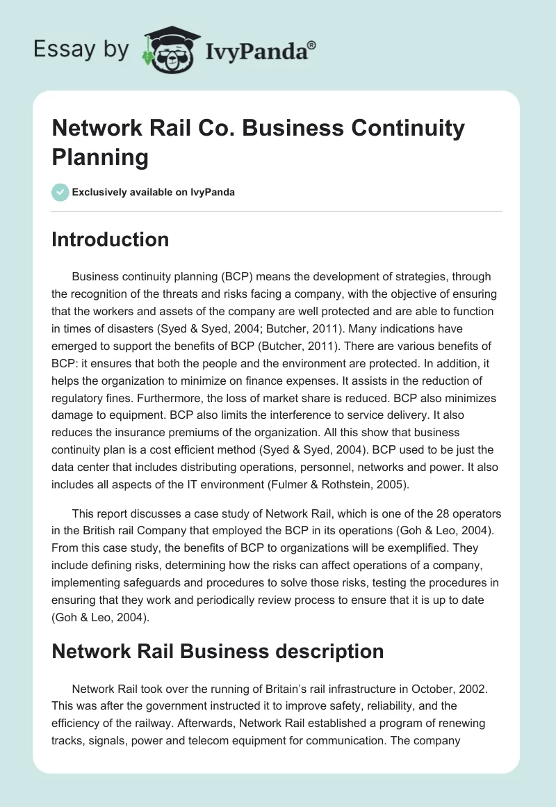 Network Rail Co. Business Continuity Planning. Page 1