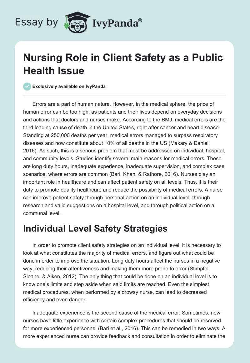 Nursing Role in Client Safety as a Public Health Issue. Page 1